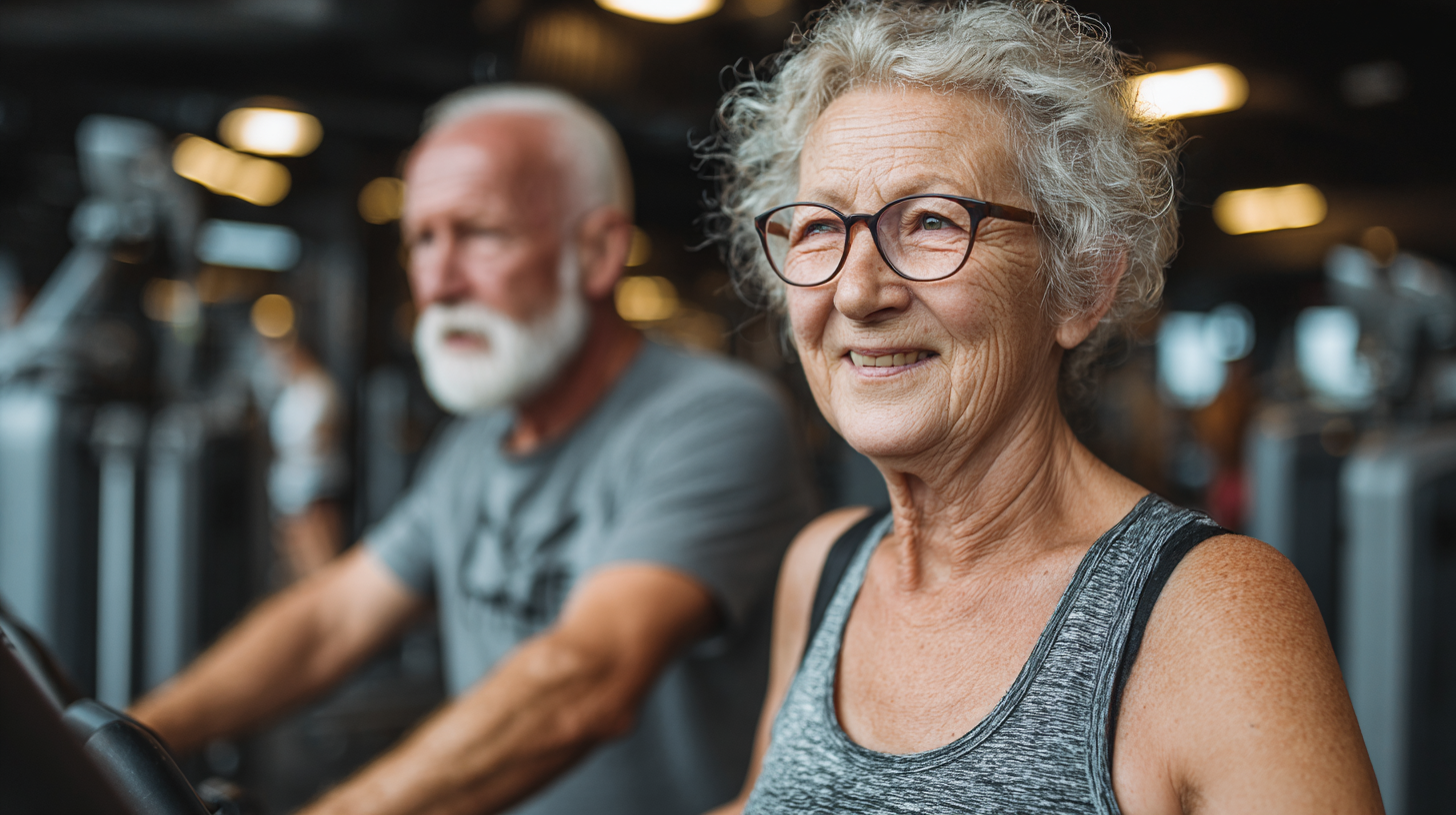 Група людей старшого віку займається фітнесом у залі